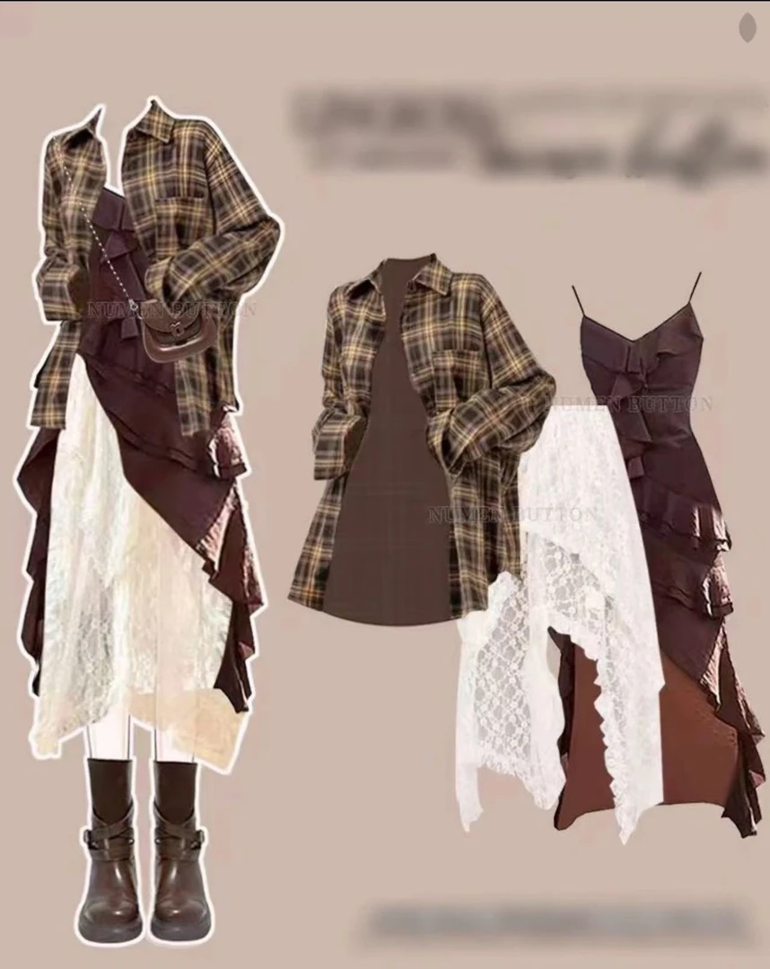 2025新款美拉德复古穿搭衬衫搭吊带连衣裙蕾丝半身裙三件套