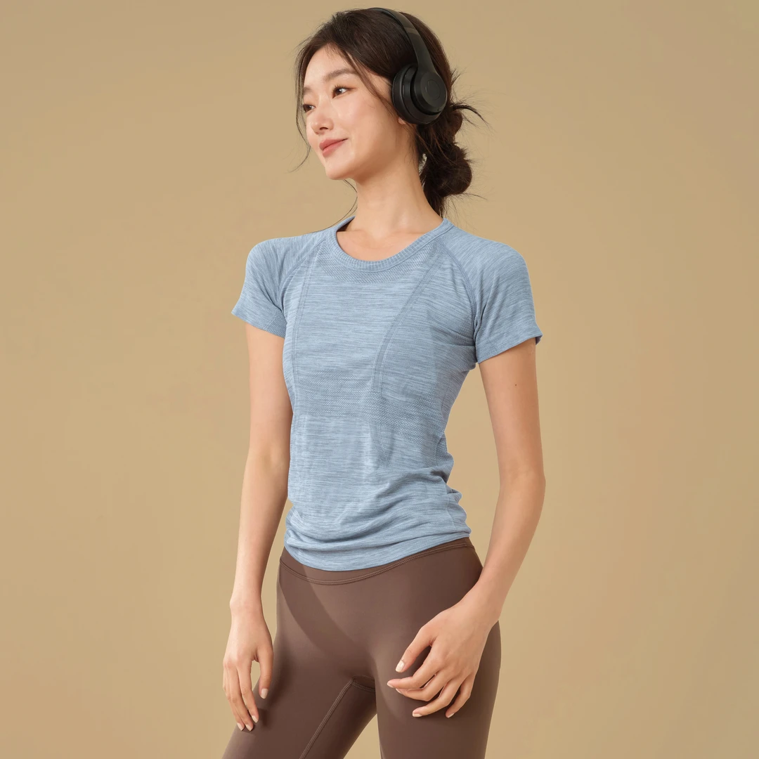 2025春夏新款女士短袖圆领运动T恤跑步健身上衣修身透气瑜伽短袖