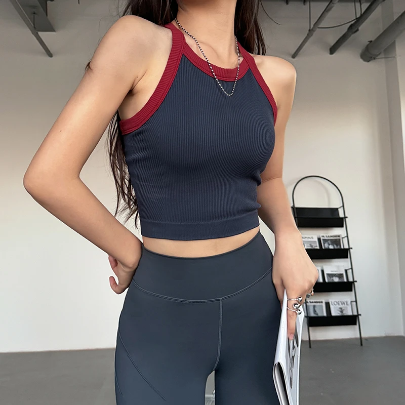 撞色一体胸垫运动内衣无缝针织吸汗瑜伽健身背心高级感训练外穿