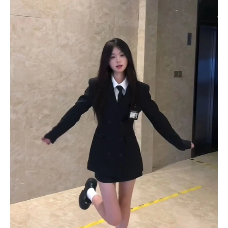 韩系学院风休闲黑色西装外套长袖衬衫高腰修身显瘦a字半身裙短裙