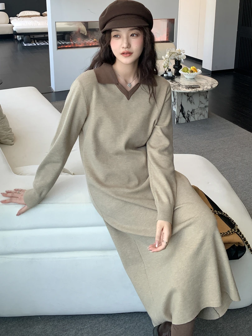 秋冬季新款浅咖色慵懒翻领毛衣连衣裙内搭可外穿针织裙