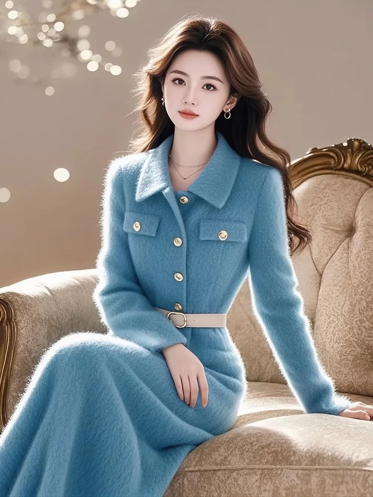 3796超好看小香风连衣裙秋冬新款气质名媛法式时尚收腰针织长裙