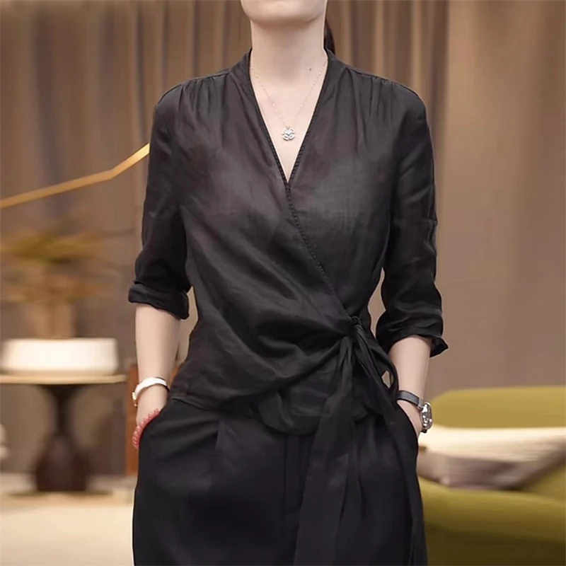 薄款V领交叉绑带设计半袖衬衫女夏纯色百搭文艺复古薄款防晒上衣