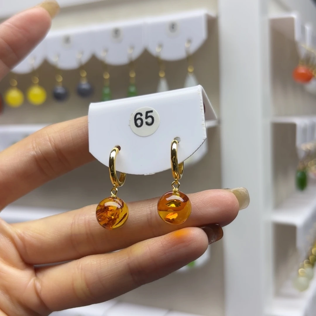 琥珀（花珀）银S925镶嵌耳饰