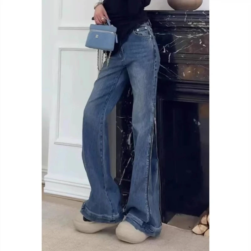 春季新款时尚拉链裤脚设计感微喇牛仔裤女气质显瘦百搭喇叭长裤子