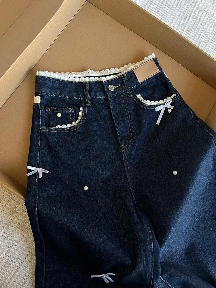 美式复古蝴蝶结花边阔腿牛仔裤女2025春季新款宽松显瘦直筒拖地裤