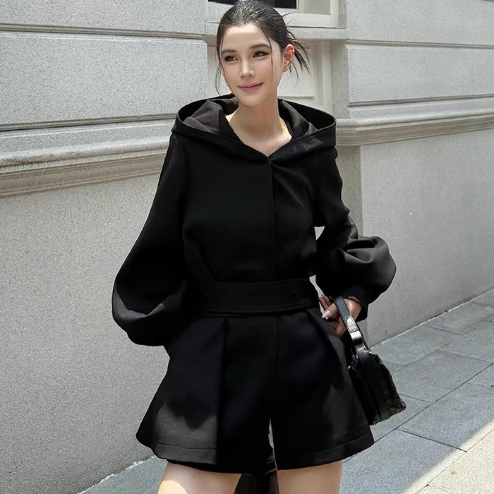 【25087】连帽款灯笼袖中短款风衣系带收腰风衣女