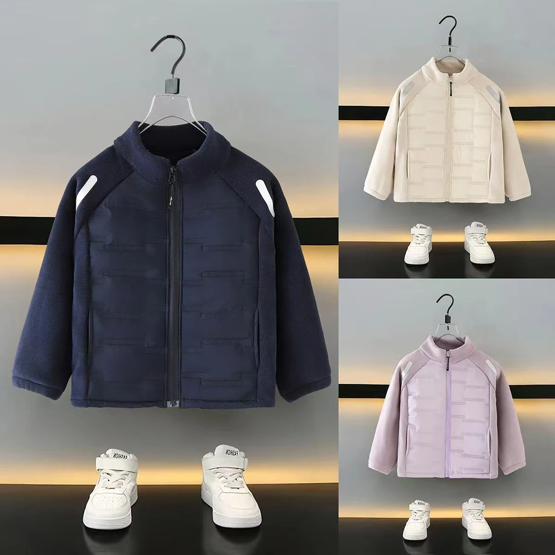 儿童加绒加厚款棉服儿童外套保暖立领百搭反光条棉袄校服神器