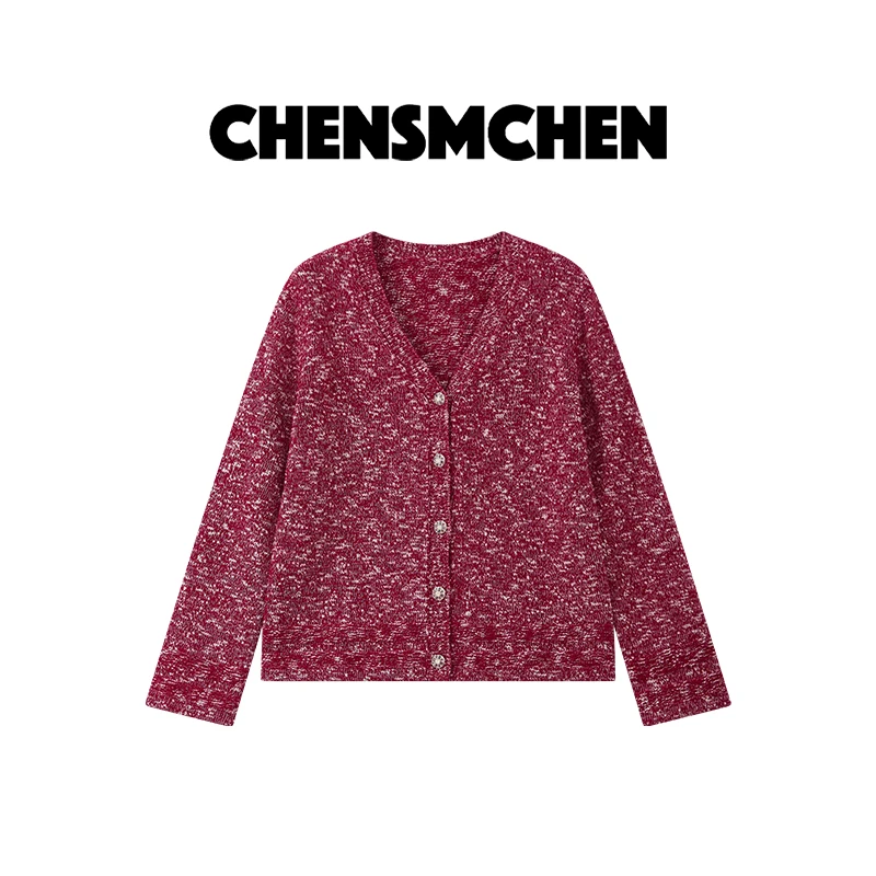 CHENSMCHEN 经典时尚V领长袖针织衫女宽松显瘦开衫上衣CSZ7632YW