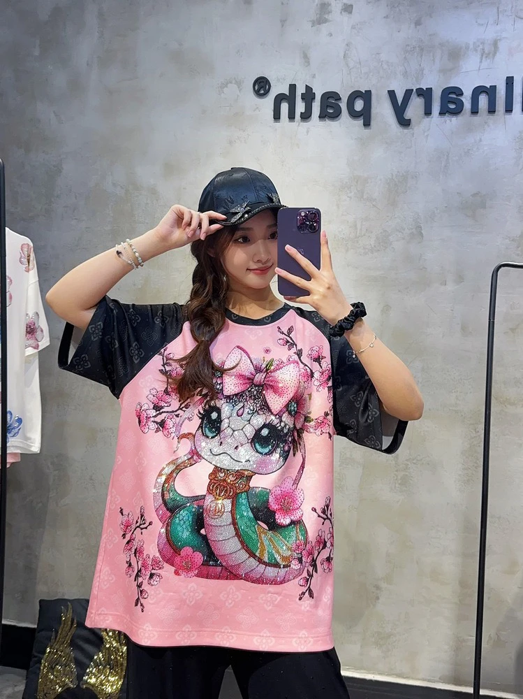 修身型镶钻短袖常规圆领烫钻T恤重工ins国潮休闲半袖时尚宽松潮流