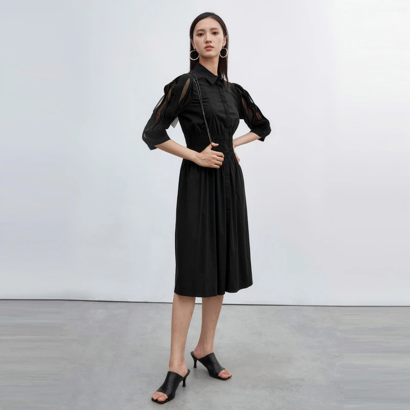 sdeer圣迪奥女装翻领拼接衬衫短袖连衣裙S222Z1206