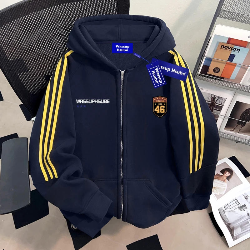WASSUP HSUBE美式潮牌三条杠开衫连帽卫衣秋冬重磅慵懒潮酷外套潮