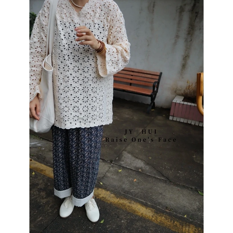 JY｜HUI 【花絮】77581唯美钩花重工V领镂空长袖毛衣