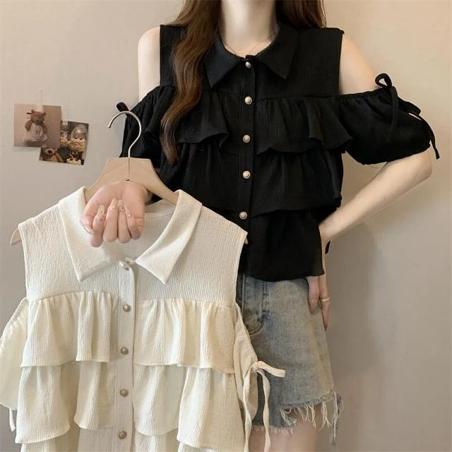 大码胖mm2025夏季新款荷叶边娃娃衫上衣polo领露肩系带短袖衬衫女