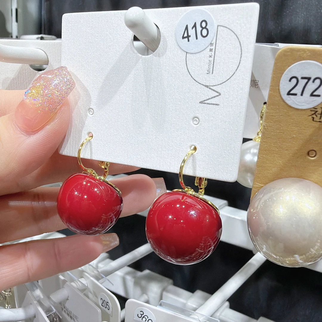 铜合金仿珍珠耳饰 耳圈铜合金仿珍珠耳饰复古红色珠珠千金风耳环