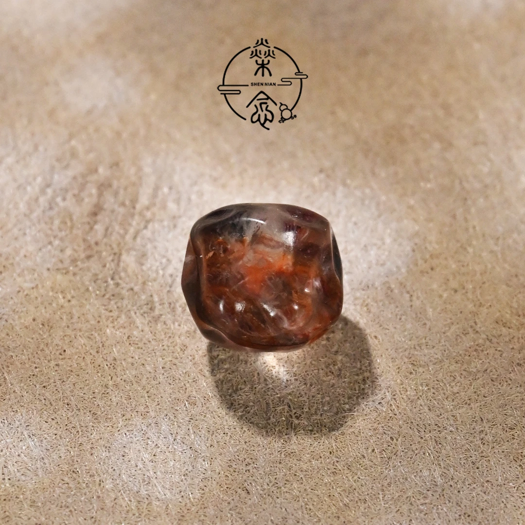 8/10/12MM天然牛血红胶花水晶深坑无相老型桶珠手串DIY配饰配珠