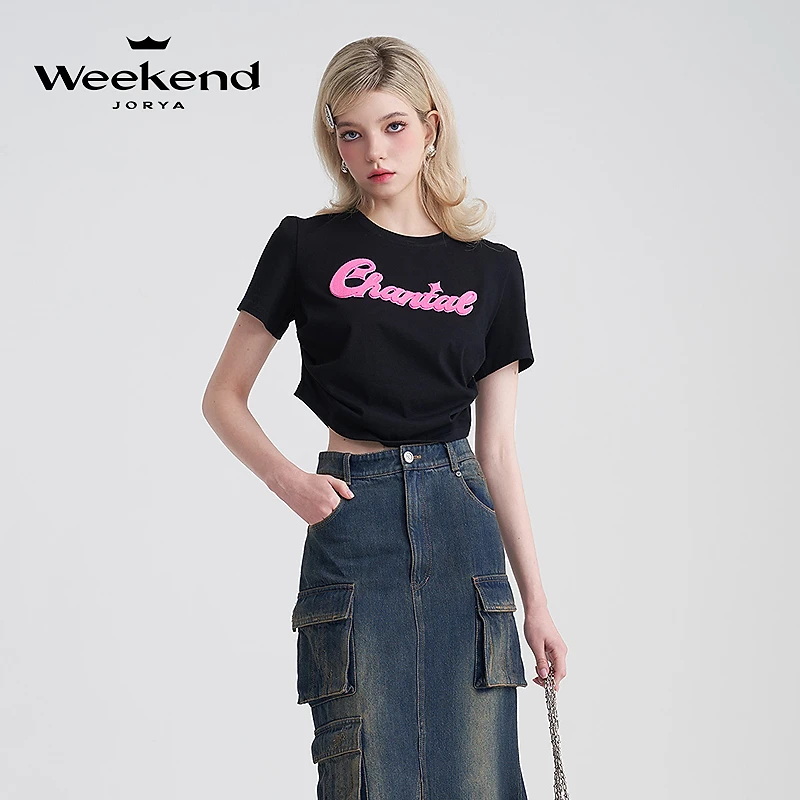 卓雅周末夏季印花可调节抽绳装饰正肩T恤WJWEBY05