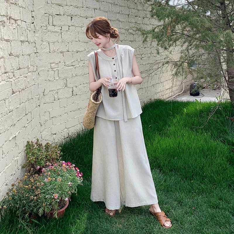 UQS复古老钱风休闲马甲套装女2025年夏新款时尚减龄阔腿裤两件套