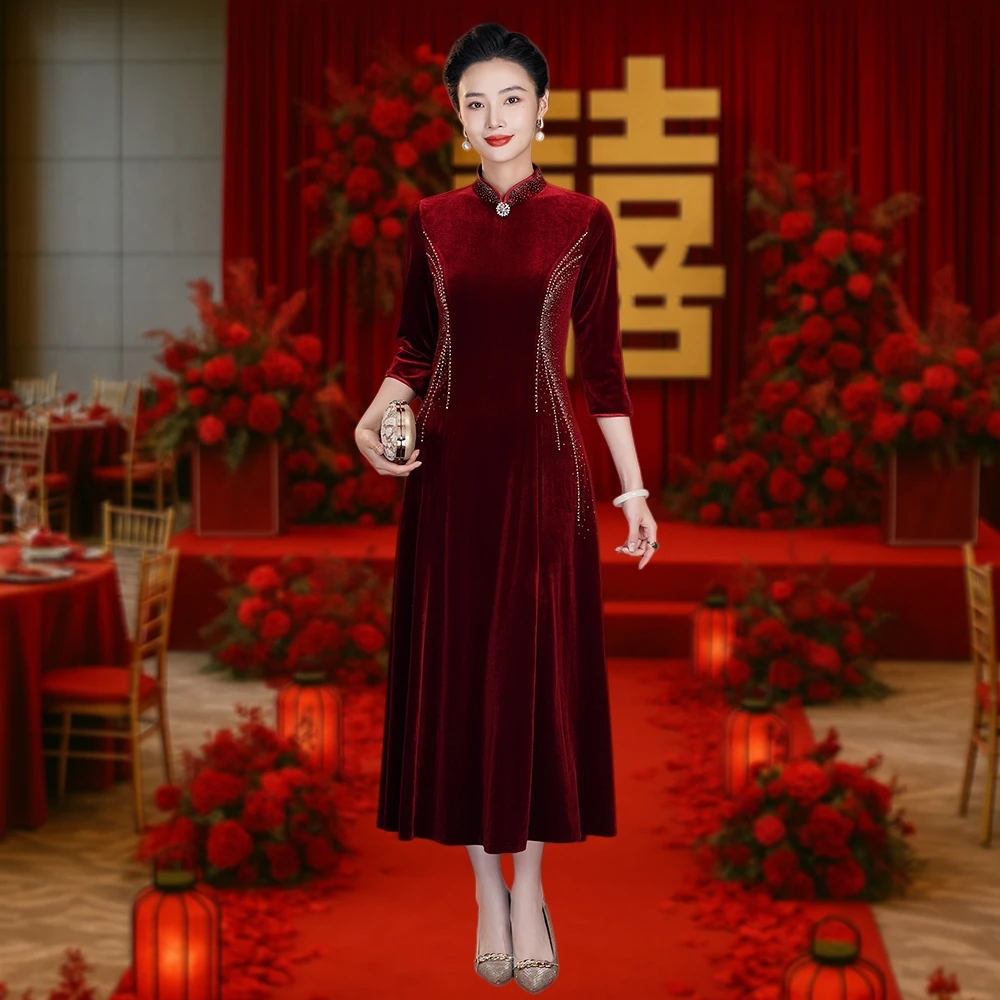 旗袍春秋冬喜婆婆婚礼连衣裙新中式喜妈妈宴会女装中国风气质礼服