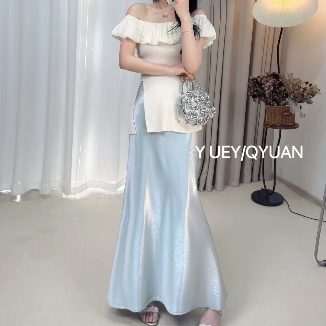缎面珠光闪闪鱼尾裙夏季缎面复古百搭丝滑半身裙松紧腰显瘦长裙