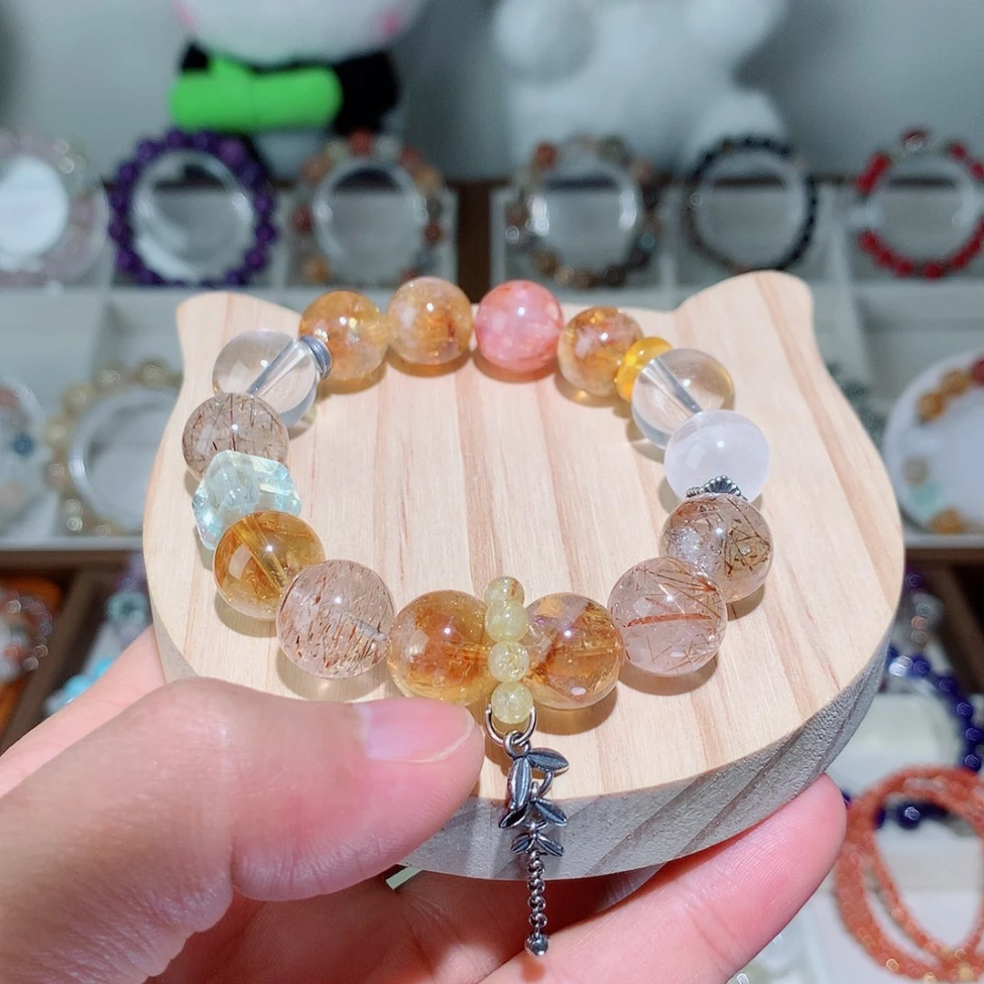 水晶手链银S925镶嵌黄塔晶黑金超七