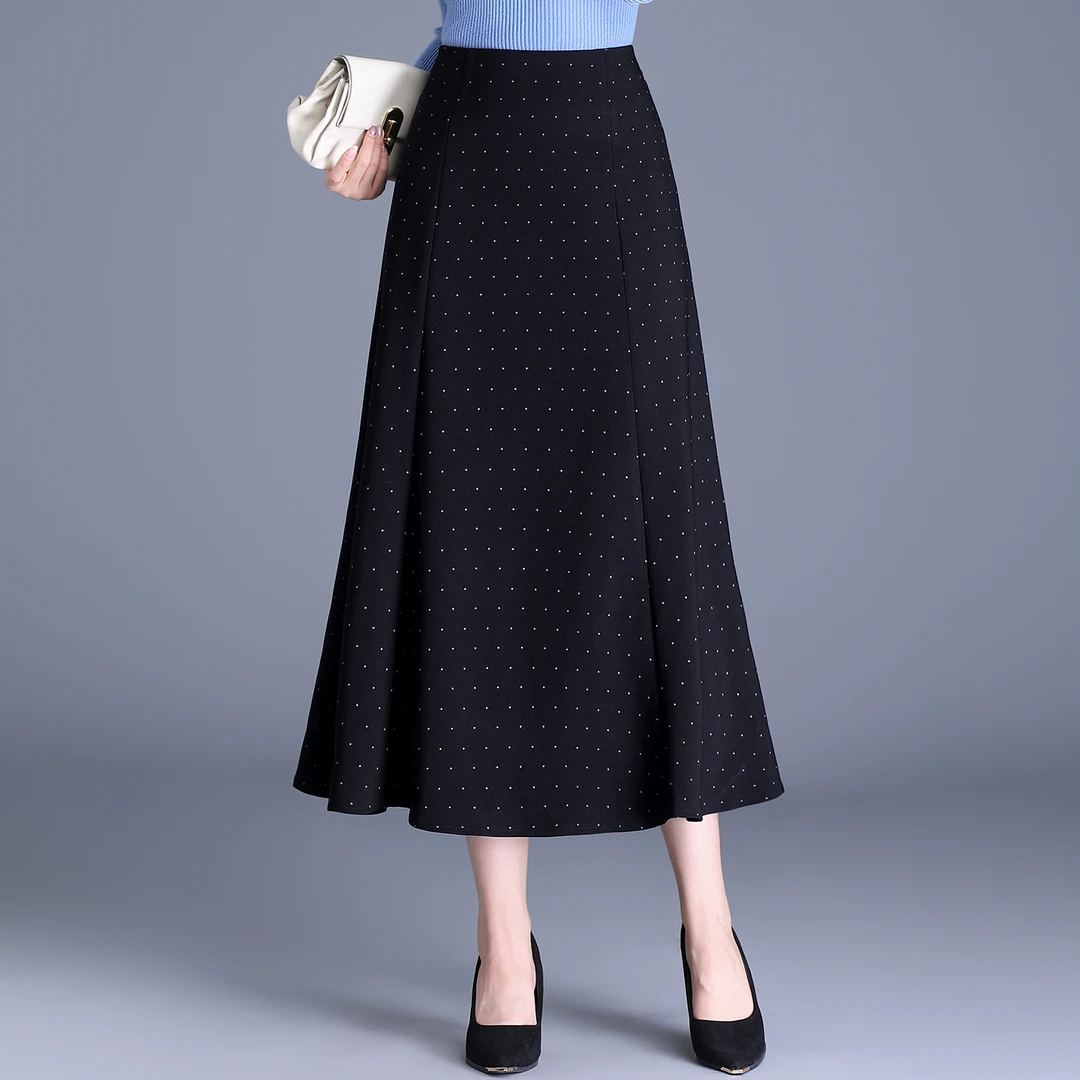 2025新款波点鱼尾半身裙女秋冬中长款高腰休闲半裙显瘦a字包臀裙