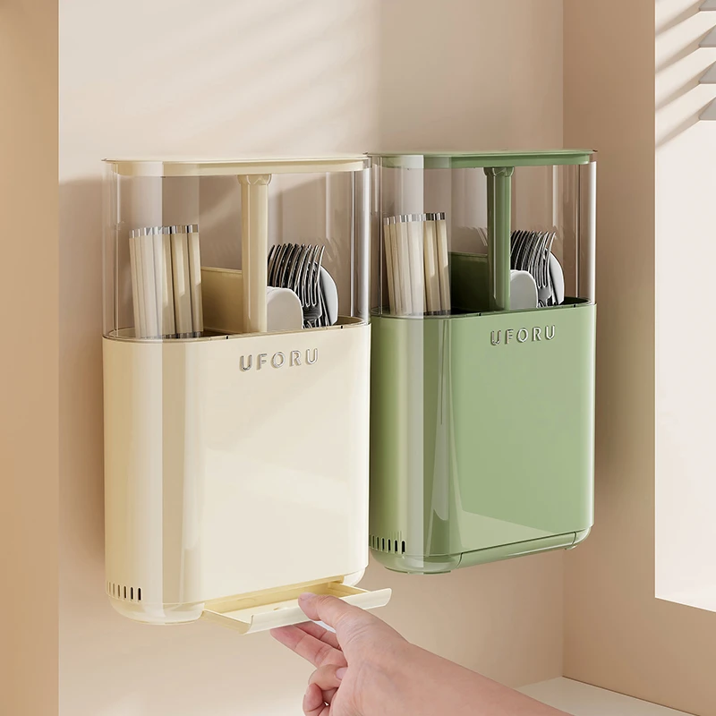 橱明星厨房按压升降筷子笼壁挂餐具勺子置物架大容量防水收纳盒