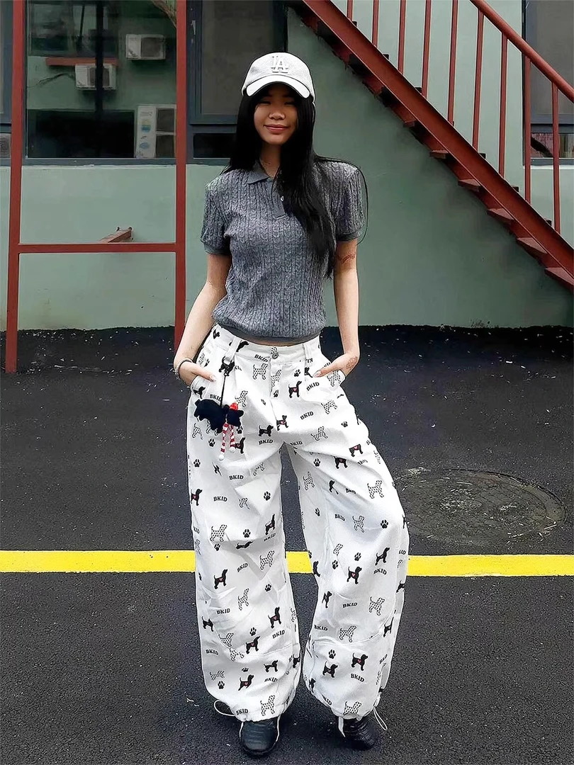 2025宽松美式复古百搭印花阔腿裤男女夏季显瘦垂感弯刀直筒裤白色