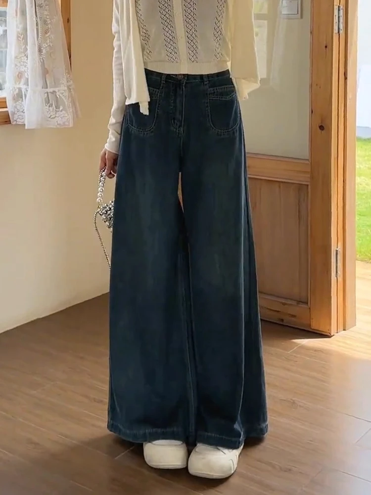 高腰阔腿牛仔裤女2025早秋新款胖mm大码高腰宽松慵懒风松弛感裤子