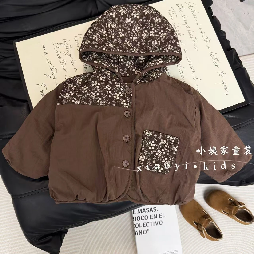 韩版童装秋冬儿童外套洋气可爱连帽棉服女童时尚加绒夹棉碎花外套