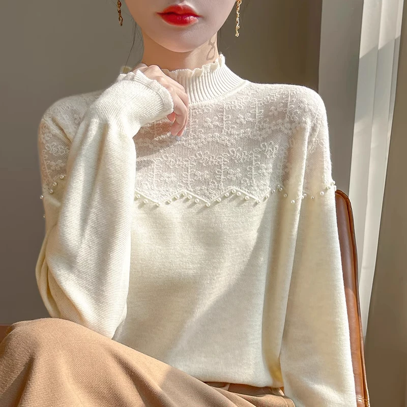 鄂尔多斯市羊绒打底衫女秋冬镂空蕾丝宽松羊绒毛衫高领洋气假两件