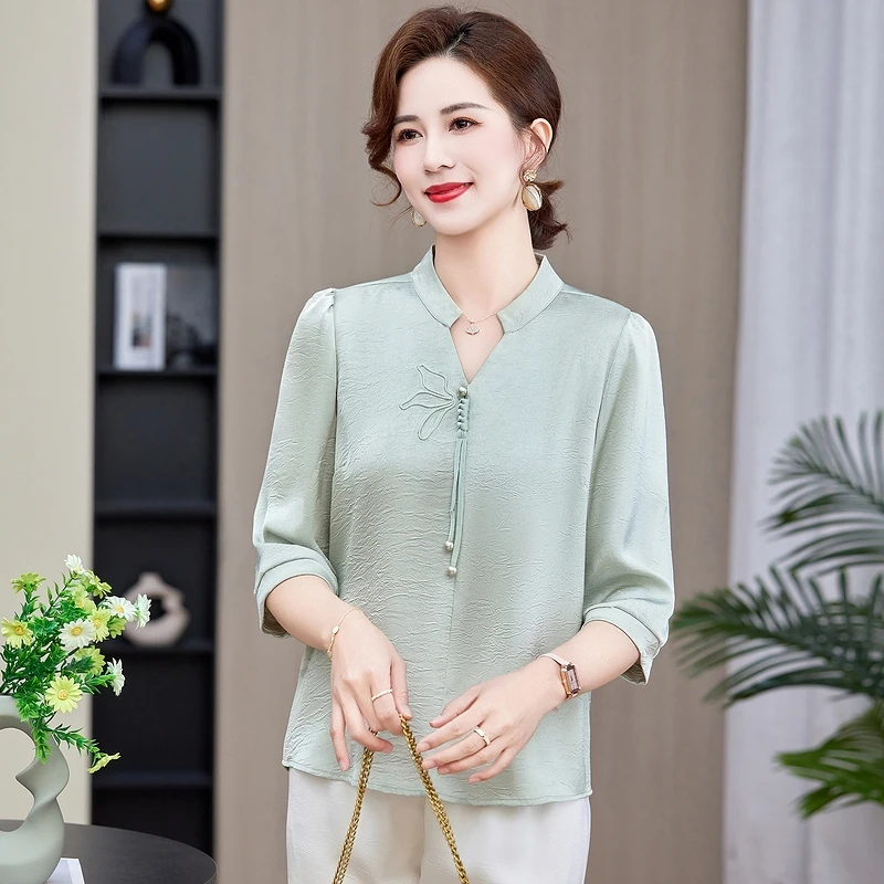2025春秋新款中老年妈妈装百搭小衫女士雪纺小衫洋气显瘦中式上衣