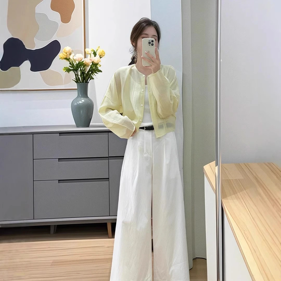 初夏穿搭一整套大码胖mm防晒衬衫阔腿裤子气质减龄超火休闲套装女