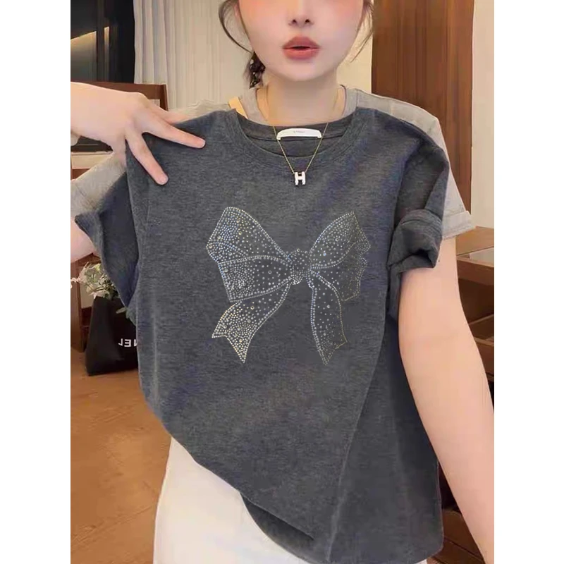 2025新款正肩短袖t恤女时尚百搭洋气深灰色上衣薄款打底衫夏季潮