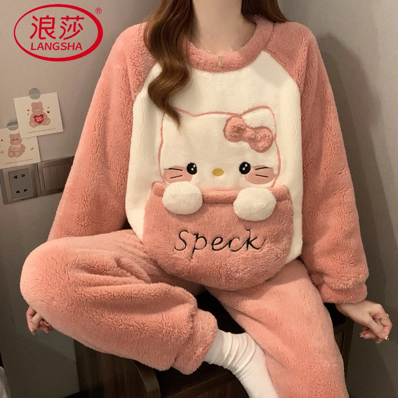 浪莎冬季加厚加绒珊瑚绒睡衣女卡通HelloKitty圆领插肩可爱风家居