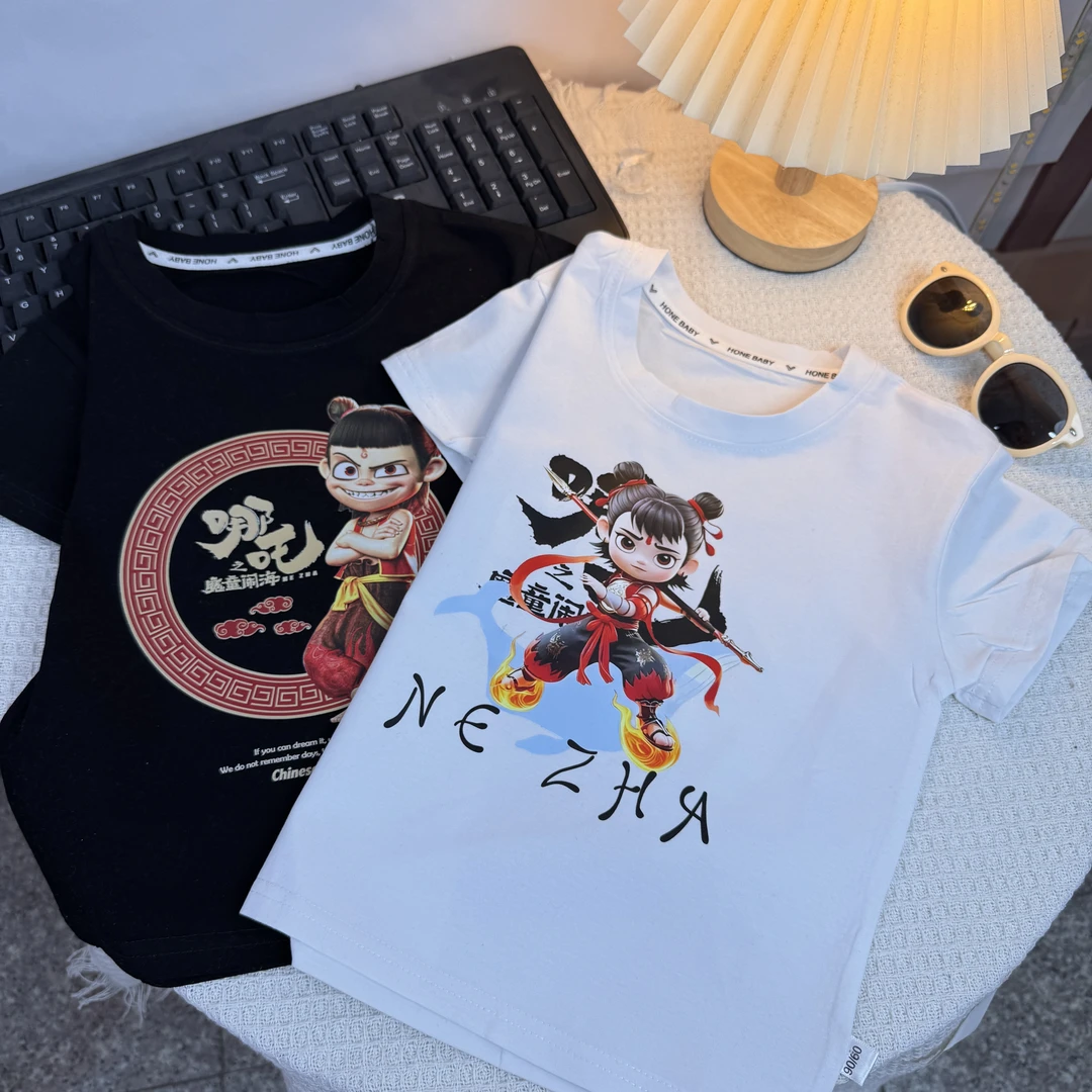 2025夏季休闲时尚棉卡通印花T恤黑白色潮流儿童夏装-哪吒