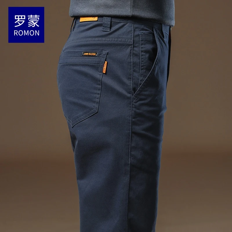 罗蒙高端休闲裤男士秋冬季直筒修身藏蓝色长裤抗皱商务百搭西裤男