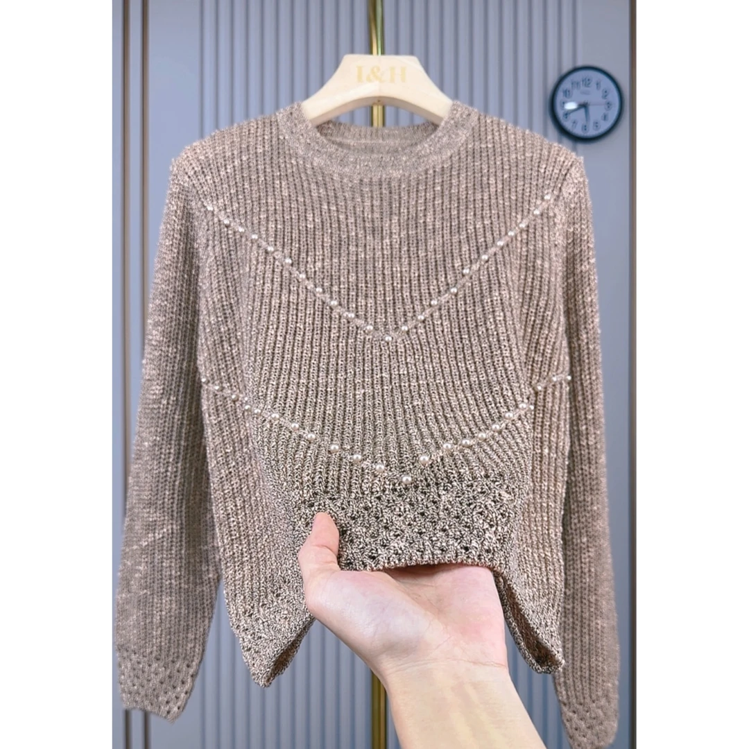 2025春季新款提花重工圆领长袖针织衫减龄气质时尚套头上衣8417