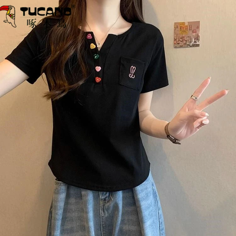 大码女装口袋刺绣正肩短袖t恤打底衫夏季胖mm显瘦百搭遮肚子上衣