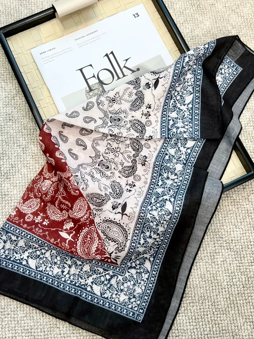 【57×57棉麻小方巾】夏季时尚学院风格子黑色丝巾气质百搭薄款潮