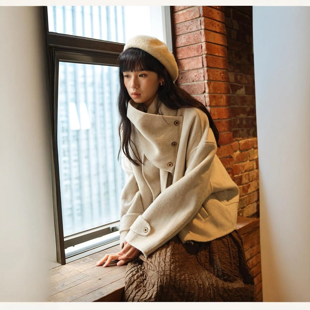 双面羊绒大衣女围巾流苏领毛呢外套短款女装大衣小香风羊毛双面呢