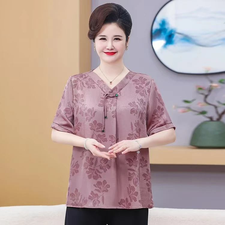 100-260斤大码妈妈装加大加肥国风V领短袖上衣小衫套装洋气中老年