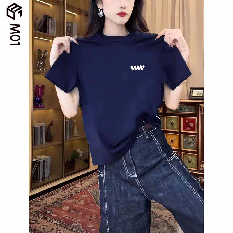 M01夏季藏青色正肩圆领短袖t恤女时尚洋气百搭小众上衣设计感