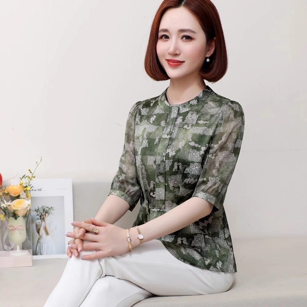 桑蚕丝妈妈装上衣真丝T短袖女夏季短袖印花2025新款气质小衫正宗