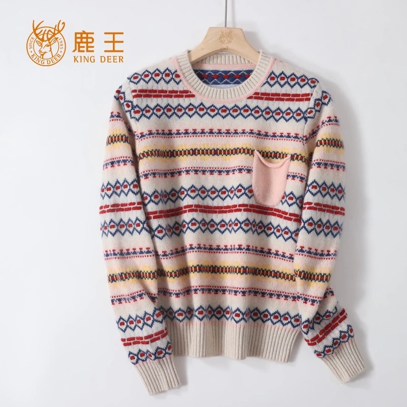 鹿王24秋冬新款女圆领100山羊绒民族风提花针织套衫 加厚 3M566