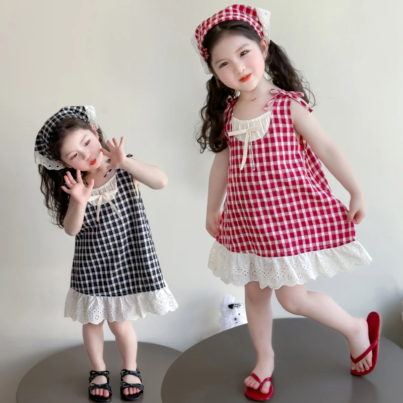 2025夏季新款洋气潮流女童中小童休闲可爱格子花边无袖连衣裙韩版