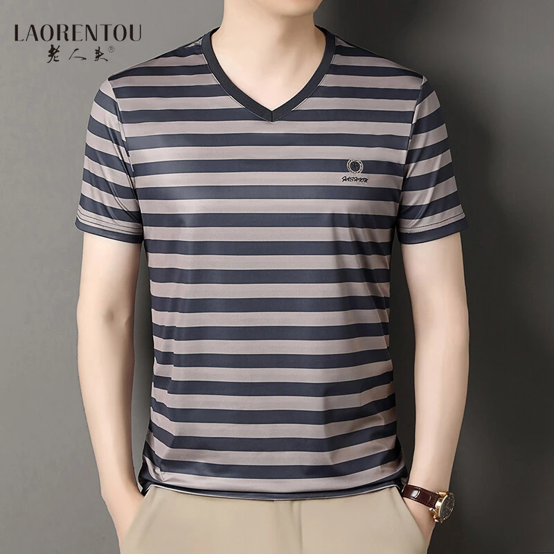 老人头鸡心领男士垂顺丝滑亲肤透气冰丝短袖T恤中老年爸爸装半袖