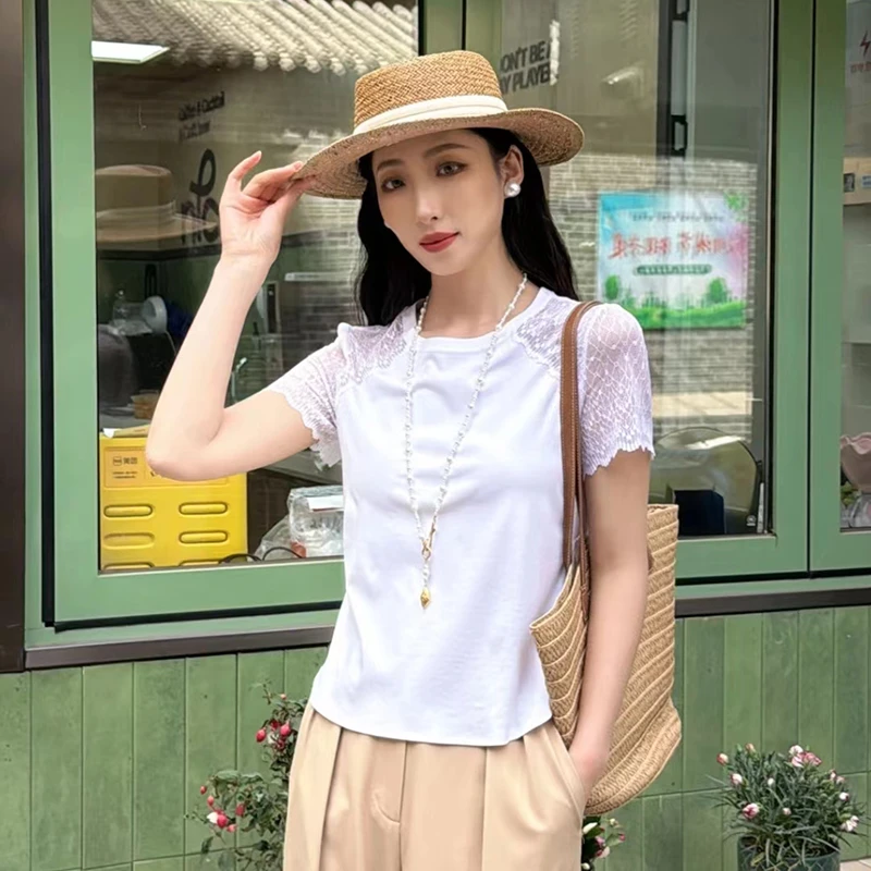 商场同款2025夏季新款时尚百搭蕾丝拼接短袖T恤女上衣5301053