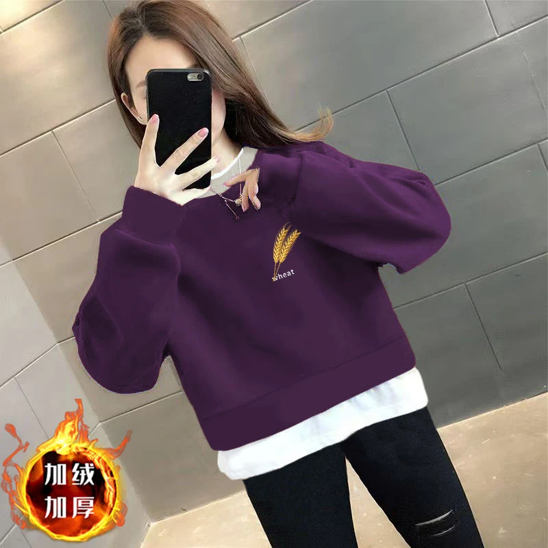 华棉假两件拼接圆领秋冬新款印花小众高腰外套时尚大码短款卫衣女