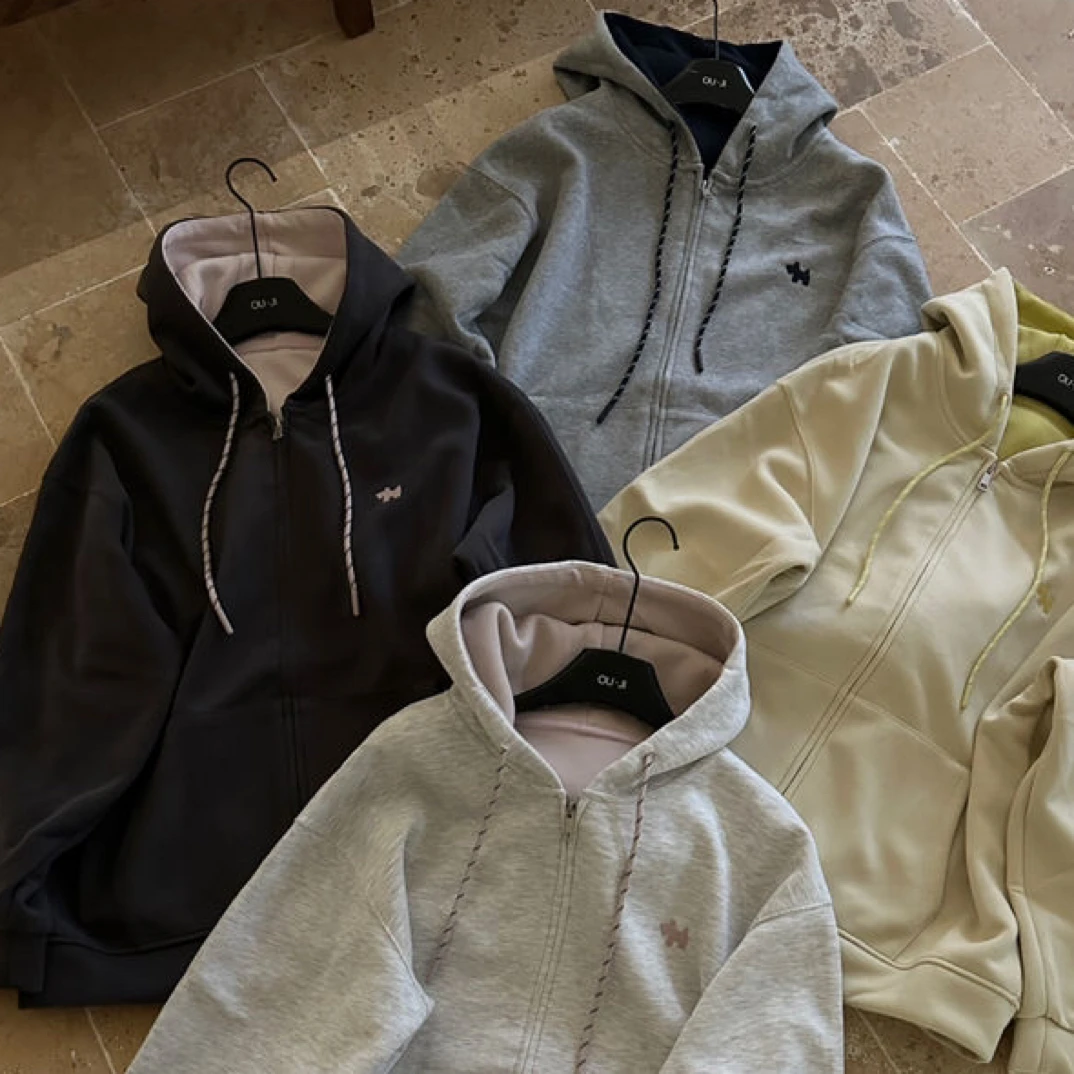 舒舒专属 连帽卫衣情侣秋季冬季宽松纯色开衫刺绣常规袖拉链